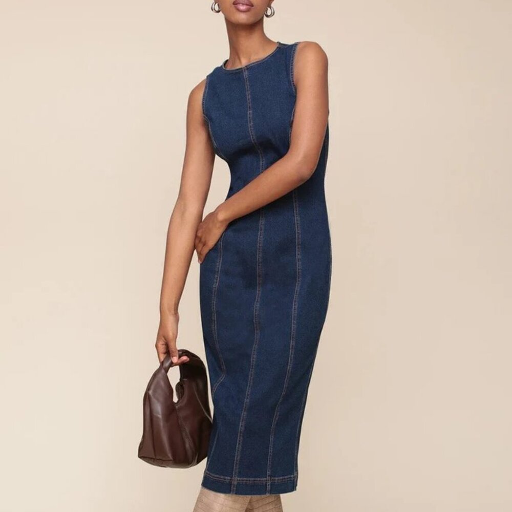 Avec Les Filles Sleeveless Denim Bodycon Sheath Midi Dress Size 10